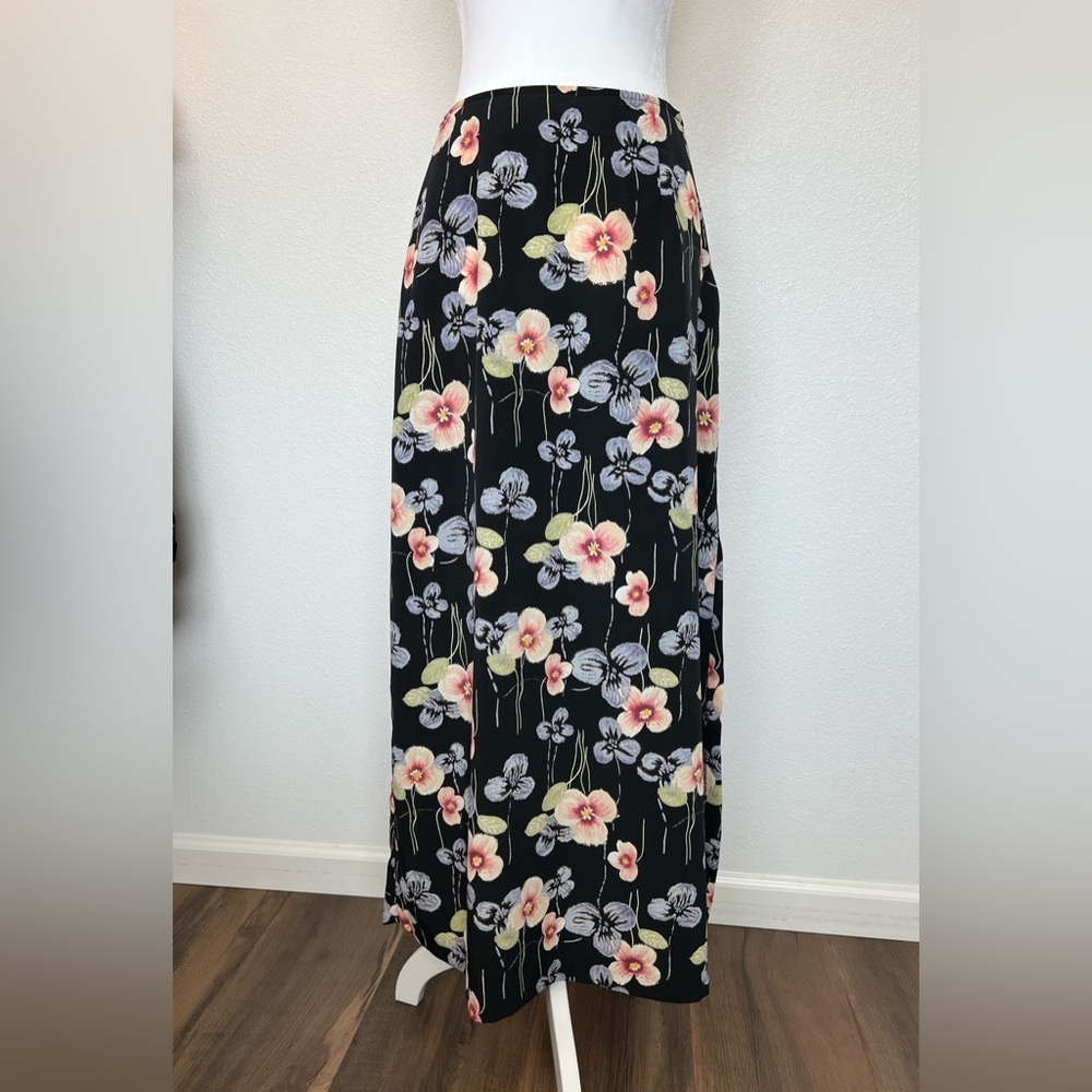 Vintage Wrapper Black Floral Maxi Skirt - Made in USA - Size 9/10